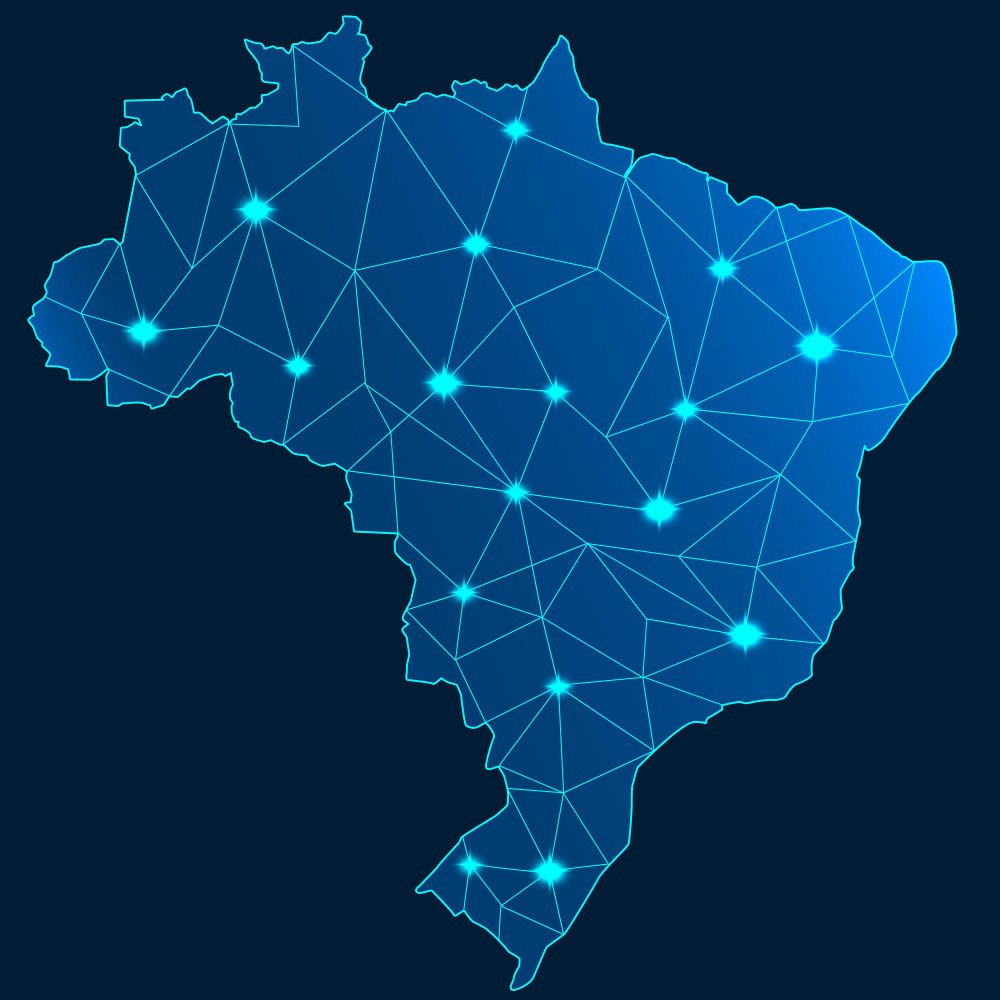 Abrangência Nacional: Um mapa do Brasil com uma rede de pontos e linhas azuis brilhantes conectando-os, representando uma infraestrutura digital ou tecnológica.