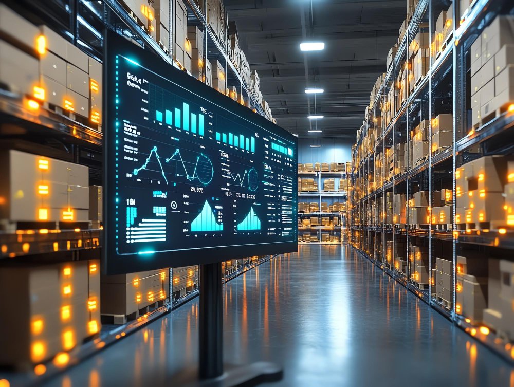 Big Data na Logística Reversa: Um grande interior de armazém com fileiras de estantes e um grande display digital mostrando várias visualizações de dados e análises.