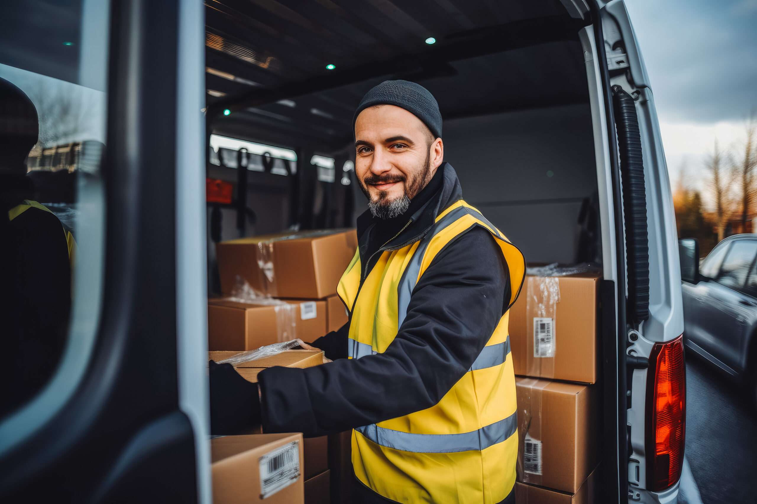 Consolidação de cargas na logística reversa: Homem usando colete de segurança amarelo com reflexivos, sorrindo enquanto carrega caixas em uma van de transporte, representando uma operação logística.