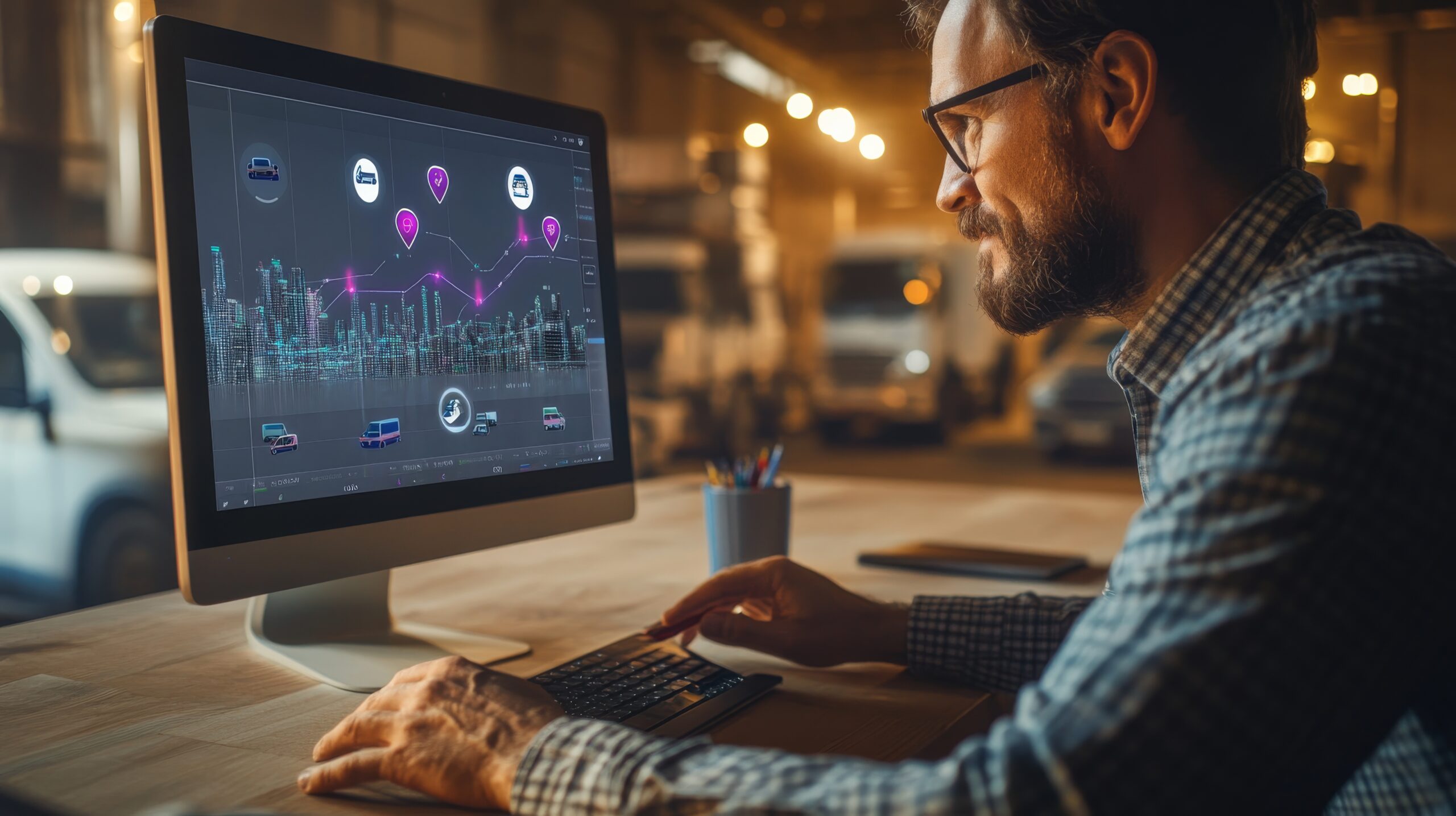 Eficiência Operacional e Logística Reversa: Um homem com barba e óculos trabalhando em um computador exibindo um mapa com vários ícones e visualizações de dados.