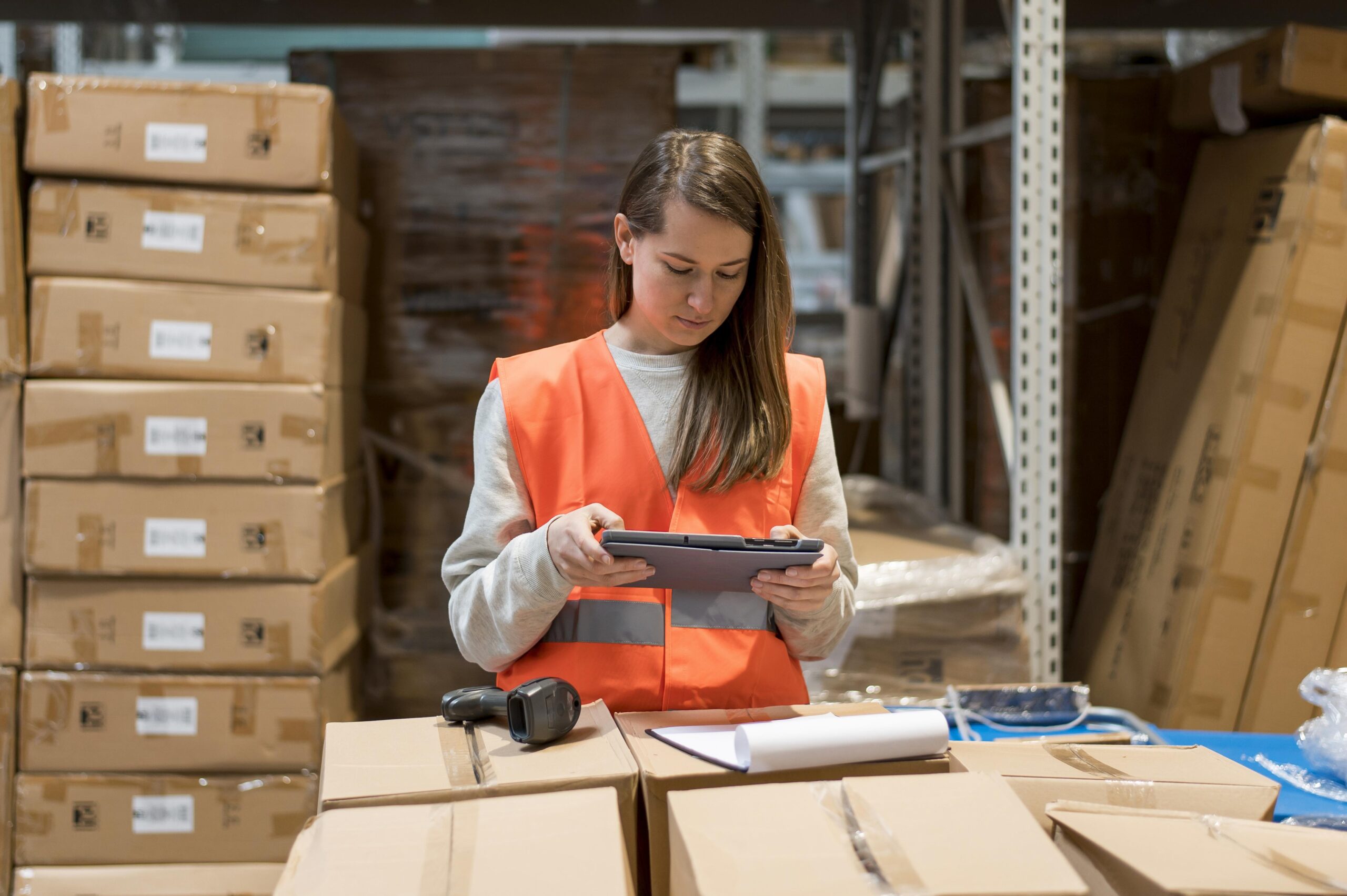 Gestão de Devoluções: A young Caucasian woman with long brown hair wearing an orange safety vest and jeans, standing in a warehouse and using a tablet computer.